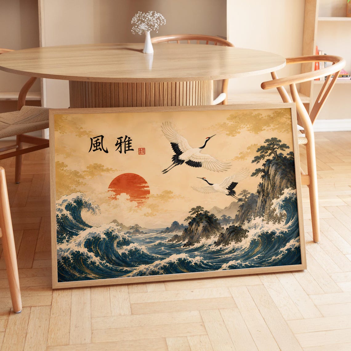 Japanese Cranes Over Ocean Waves Red Sun Ukiyoe Style Art Print