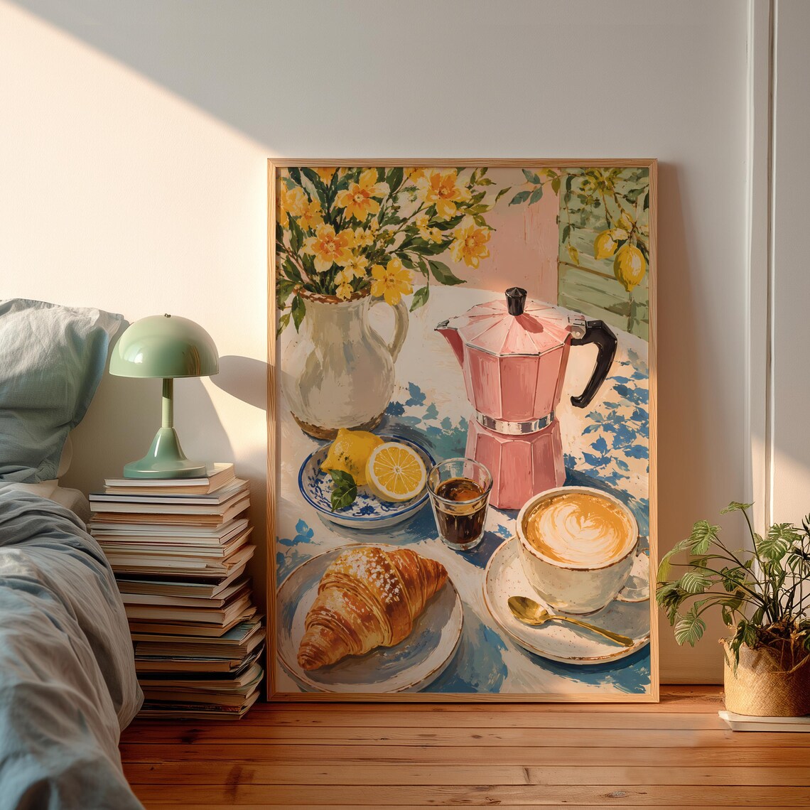 Pink Moka Pot Coffee Breakfast Croissant Still Life Art Poster