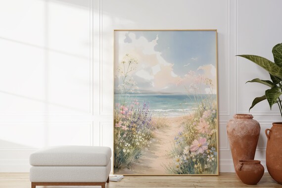 Coastal Wildflower Path Beach Watercolor Pastel Ocean Poster
