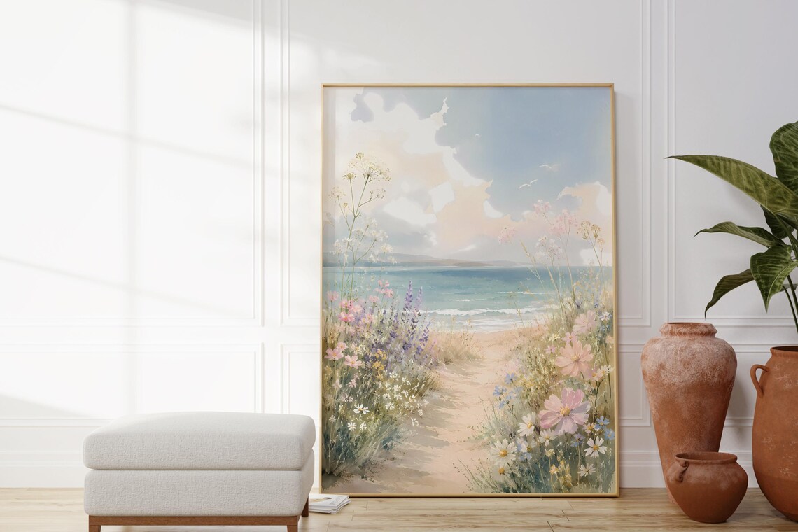 Coastal Wildflower Path Beach Watercolor Pastel Ocean Poster