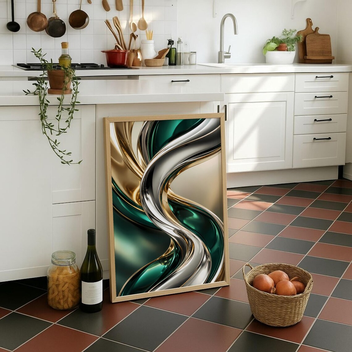 Emerald Green Gold Abstract Liquid Metal Swirl Luxury Fluid Wall Poster