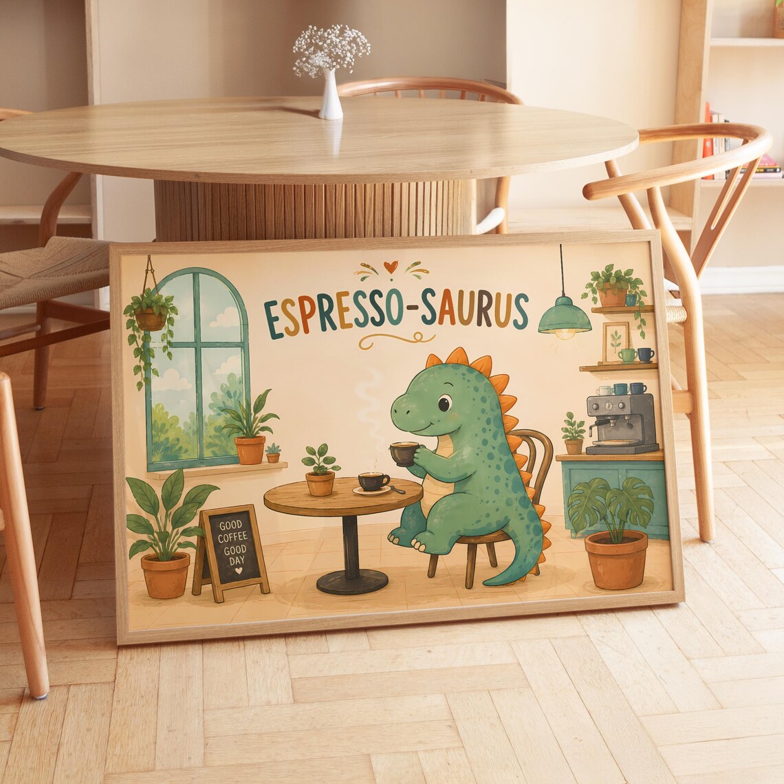 Espressosaurus Typography Poster, Cute Dinosaur