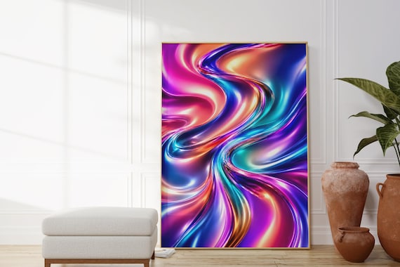 Holographic Liquid Chrome Abstract Poster