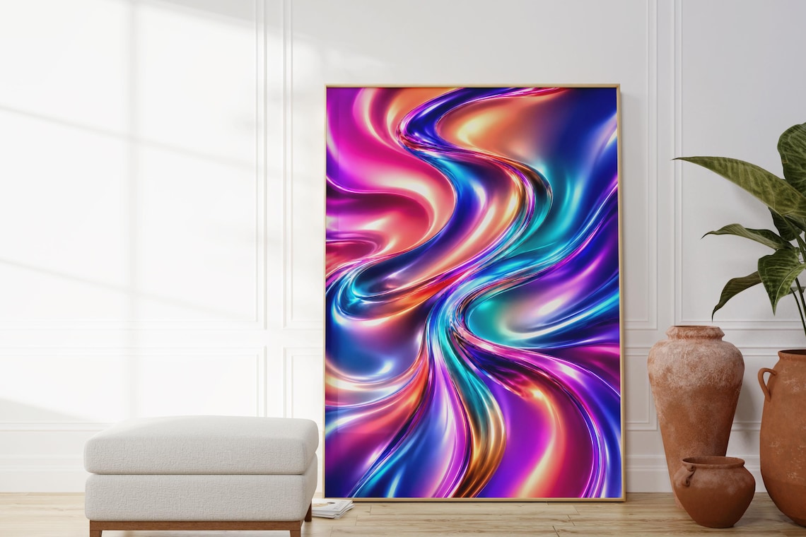 Holographic Liquid Chrome Abstract Poster