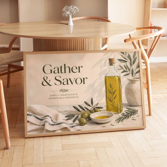 Gather and Savor Olive Oil Poster Mediterranean Kitchen Wall Decor