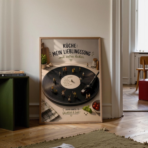 Printable Kitchen Poster With Music Quote Digital Download Wall Art Record Player Housewarming Gift Happily Full