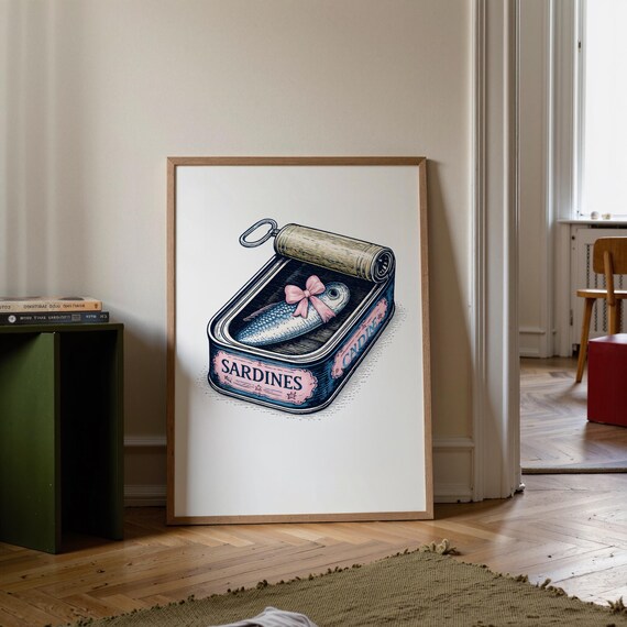 Retro Sardine Can Illustration Pink Bow Vintage Fish Kitchen Poster