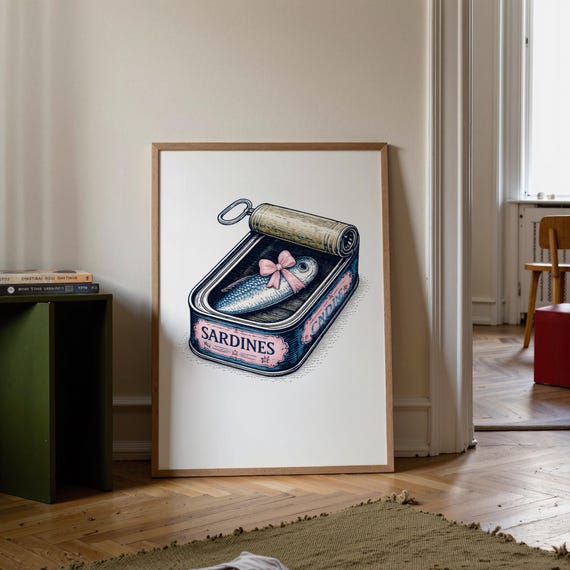 Retro Sardine Tin Printable Funny Fish Download Coastal Kitchen Decor Print Digital Seafood Poster