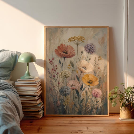 Wildflower Meadow Print Impasto Floral Art Poster Palette Knife Painting Neutral Botanical Wall Decor Vintage Cottagecore Aesthetic