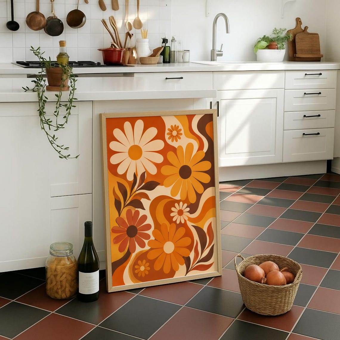 70s Retro Groovy Daisy Flowers Orange Terracotta Swirl Art Poster