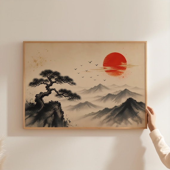Japanese Wall Art Bonsai Tree Poster Rising Sun Vintage Landscape Print Zen Mountain Decor Sumie Style Asian Painting