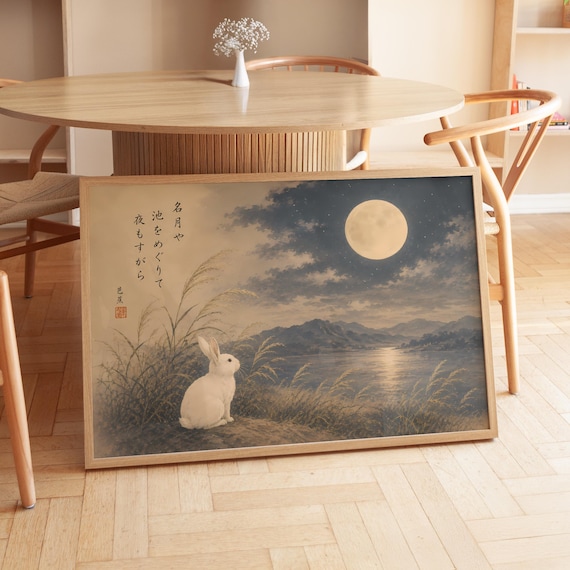 Digital Download Vintage Japanese Moon Rabbit Tsukimi Full Wall Art Printable White Bunny Print File