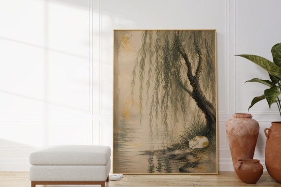 Japandi Cat, Willow Tree Zen Watercolor Landscape