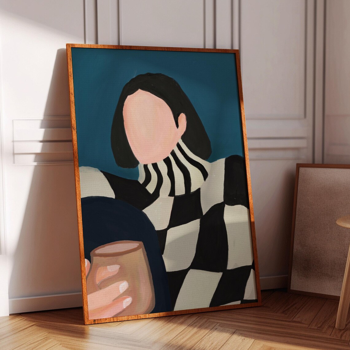 Faceless Woman Striped Sweater Coffee Cup Modern Portrait Poster
