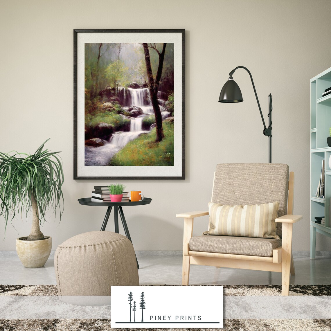 Spring Forest Waterfall Landscape, Impressionist Painting - Image 3