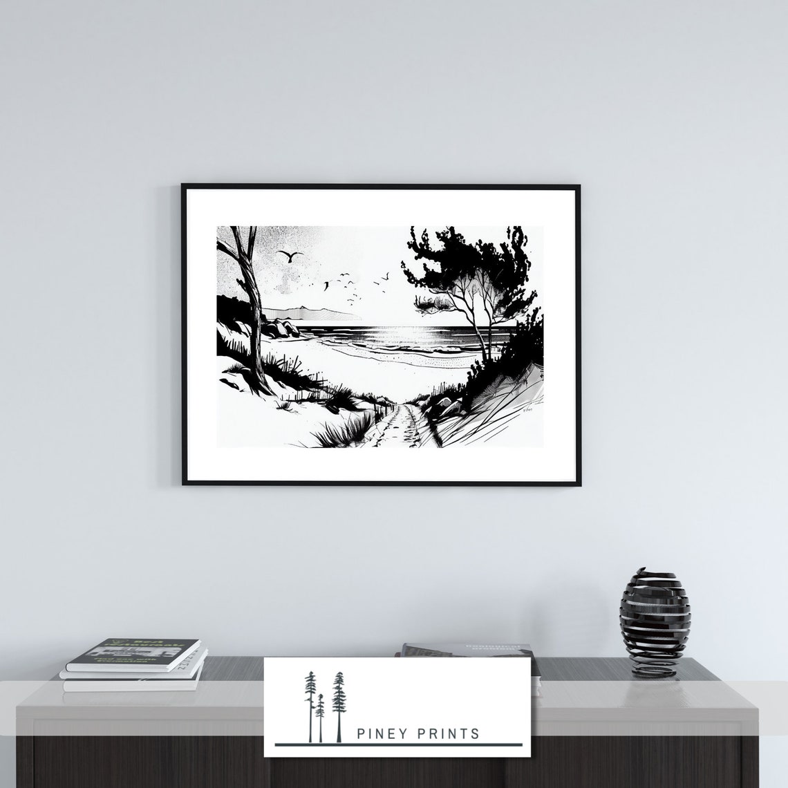 Black White Beach Path Ink Sketch Coastal Dunes Drawing Poster - Image 3