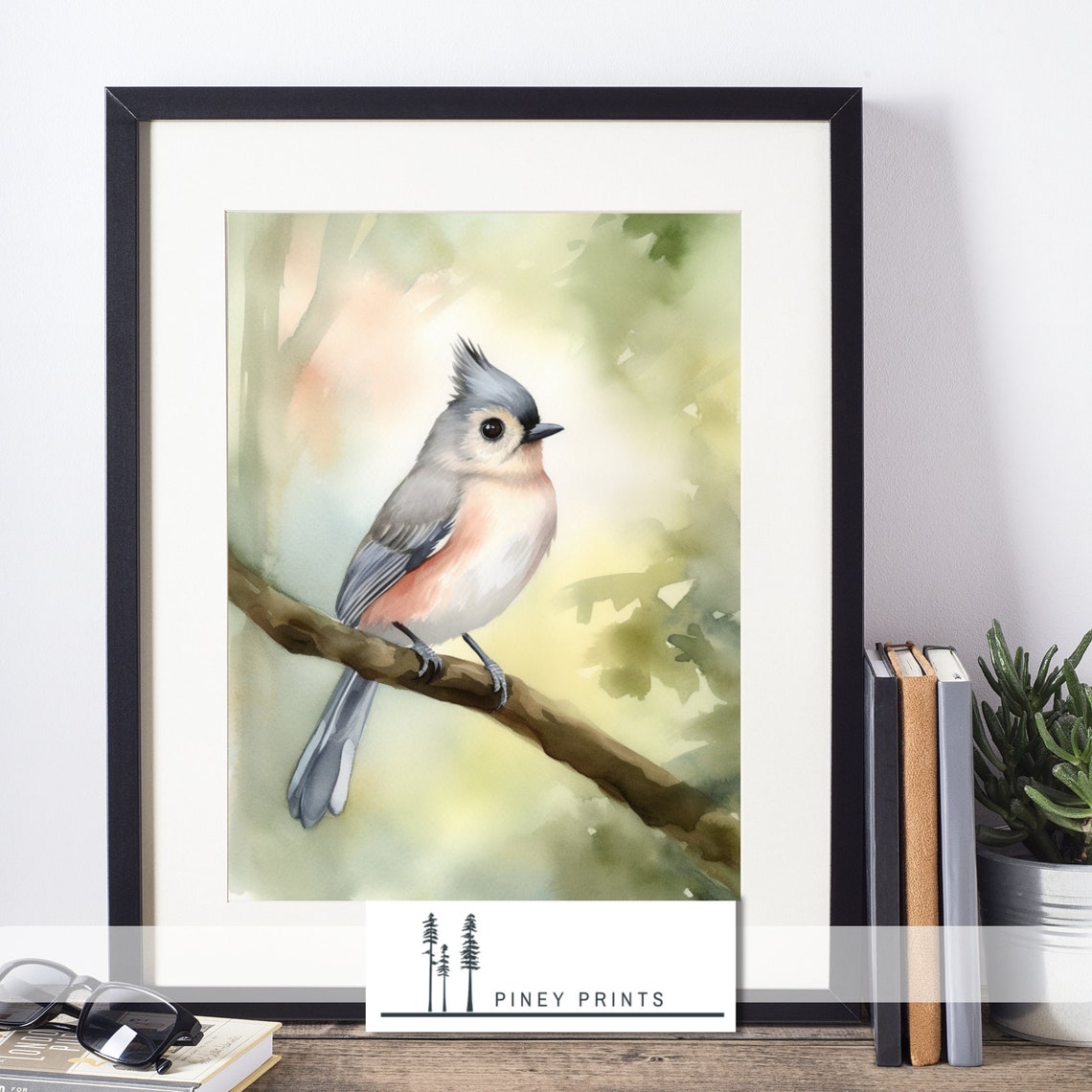 Tufted Titmouse Watercolor Perched Branch Cute Songbird Wall Poster