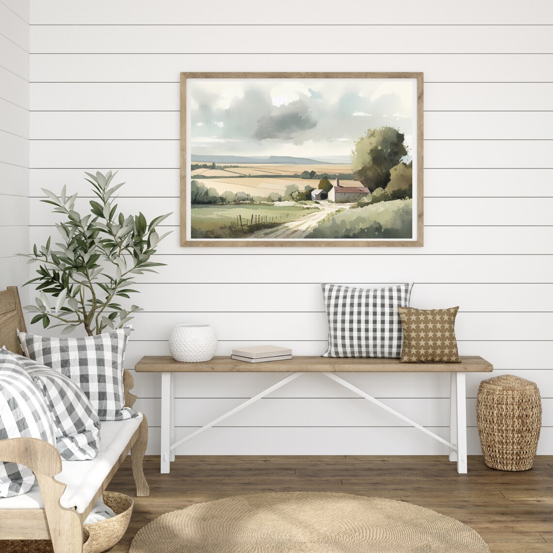 Country Farm Dirt Road Watercolor Barns Fields Landscape Poster - Image 3