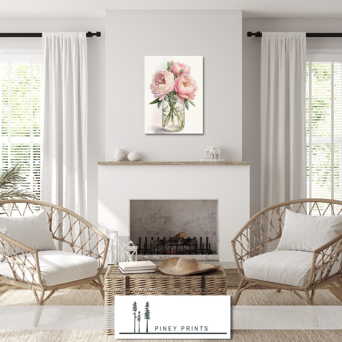 Pink Peonies in Glass Jar Watercolor Spring Floral Bouquet Painting Poster - Image 2