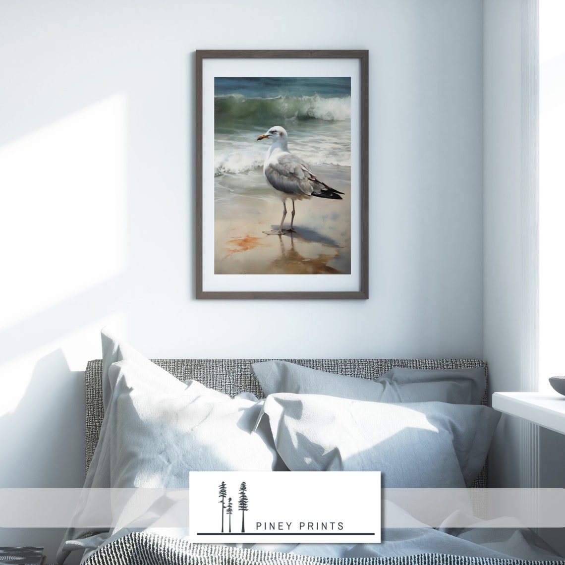 Seagull On Sunlit Beach Breaking Waves Coastal Bird Painting Poster