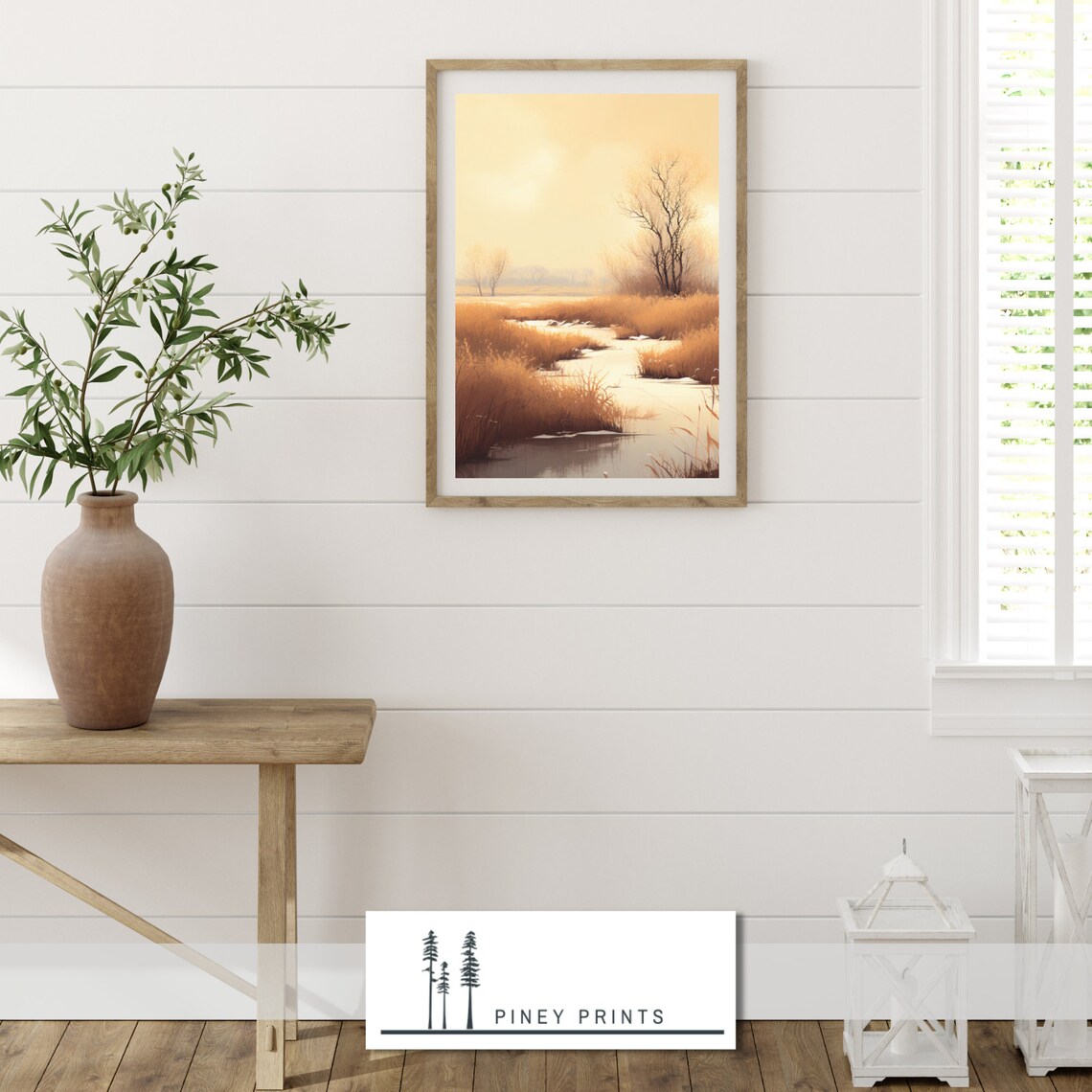 Golden Creek Winding Through Prairie Grass Warm Sunset Landscape Painting Poster - Image 4