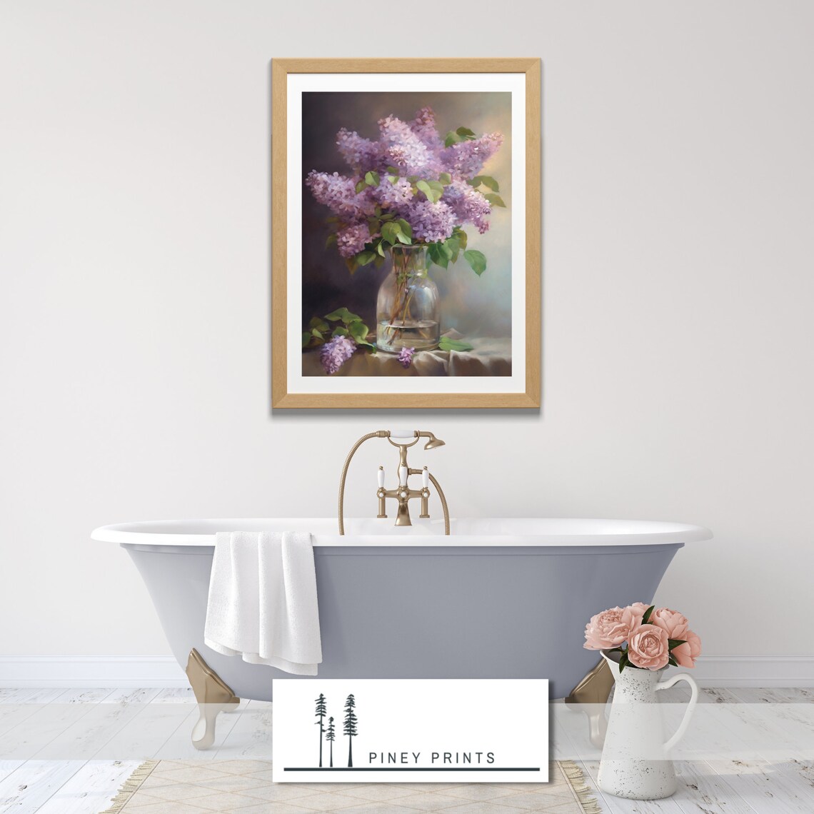 Lilacs In Glass Vase Oil Painting Purple Floral Still Life Decor Print - Image 2