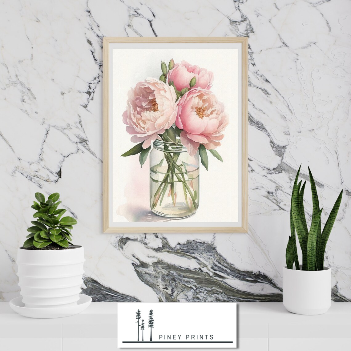 Pink Peonies in Glass Jar Watercolor Spring Floral Bouquet Painting Poster - Image 3