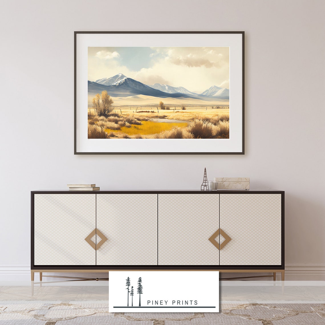 Snow Capped Mountain Valley Golden Field Watercolor Art Poster - Image 2
