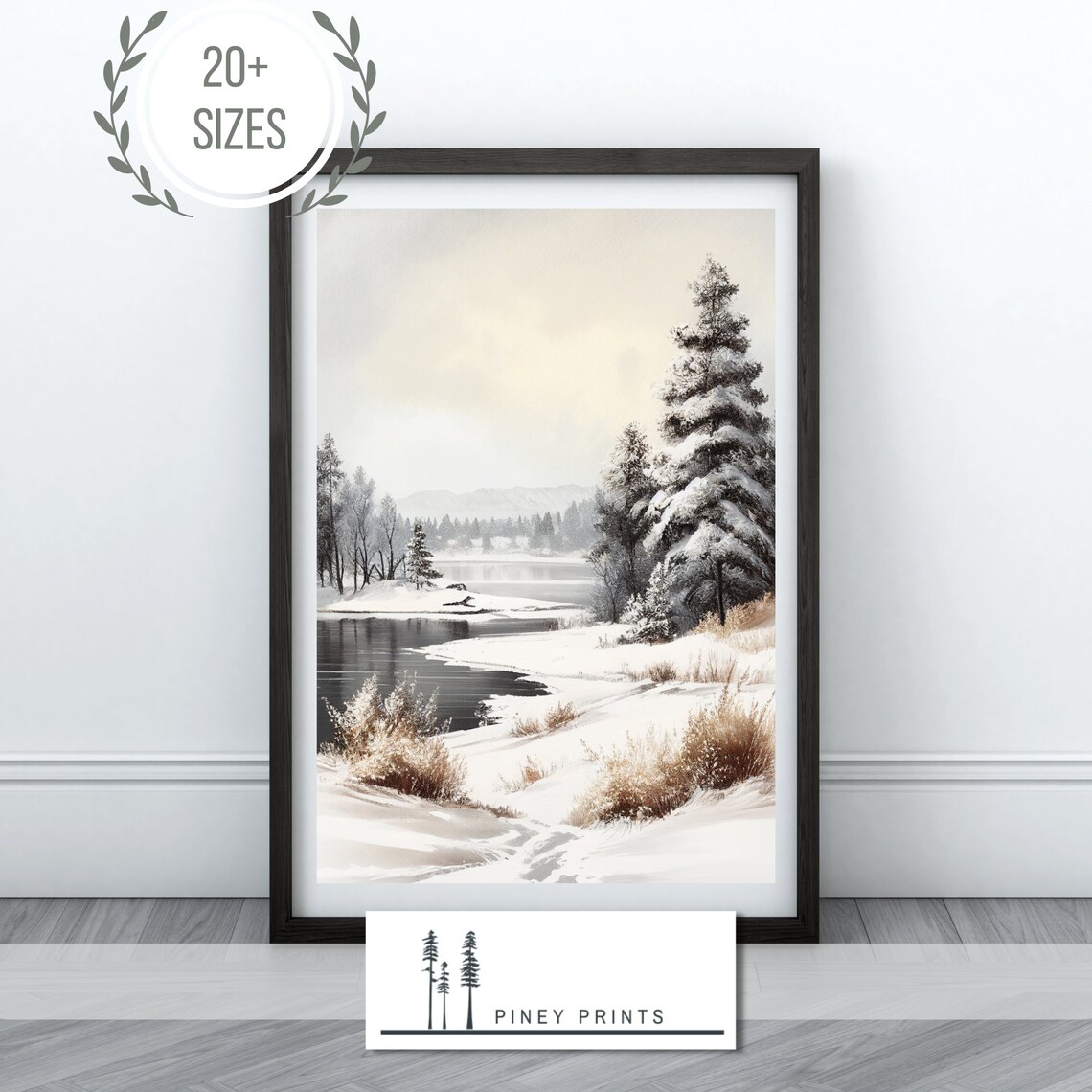 Snowy River Bank with Pine Trees Peaceful Winter Landscape Painting Poster - Image 4