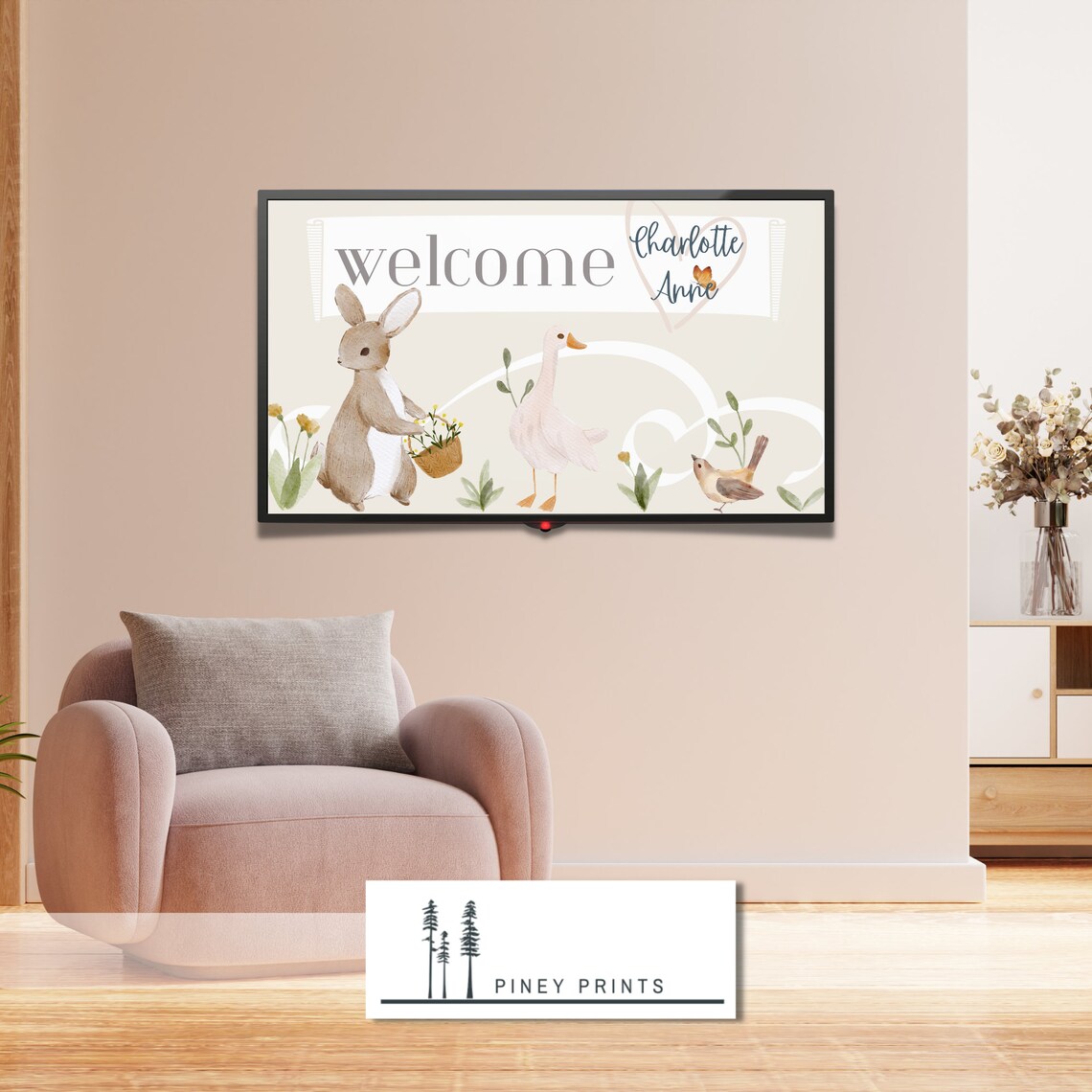 Welcome Custom Name Baby Shower Frame TV Art Woodland Animals Print - Image 4