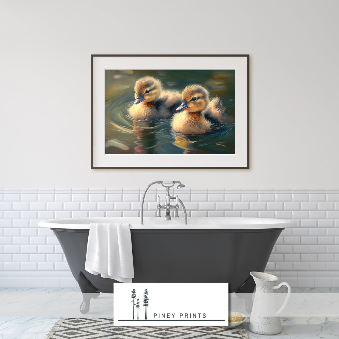 Two Baby Ducklings Swimming Close Up Realistic Animal Painting Poster - Image 4