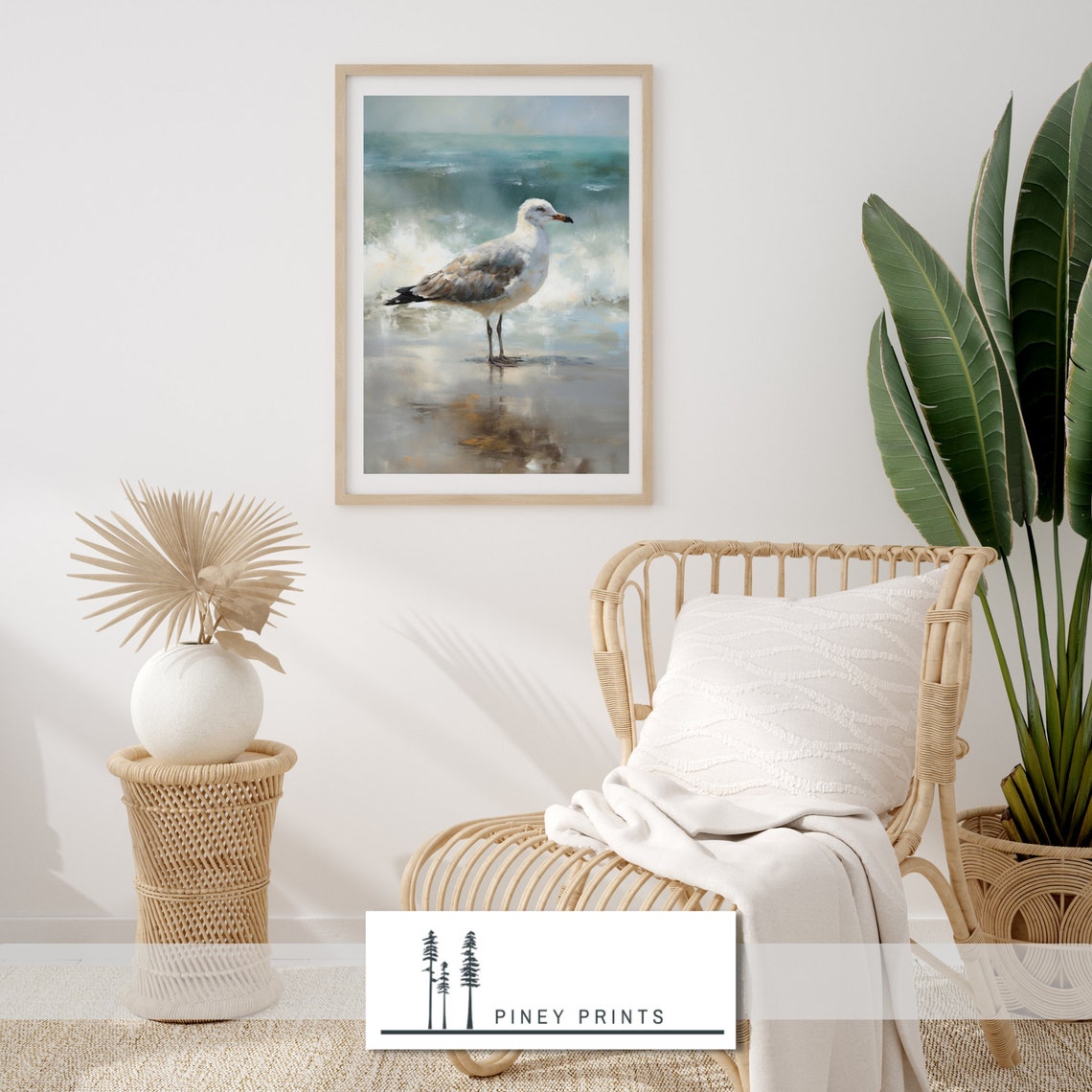 Seagull Standing In Ocean Surf Beach Waves Coastal Painting Poster