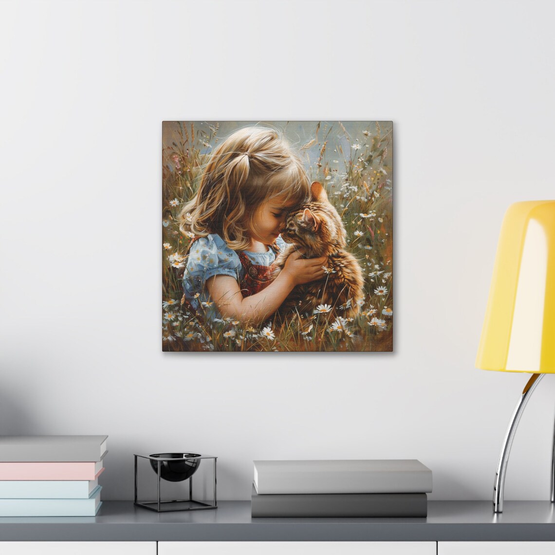 Young Girl Hugging Tabby Kitten in Daisy Meadow Painting Poster - Image 5