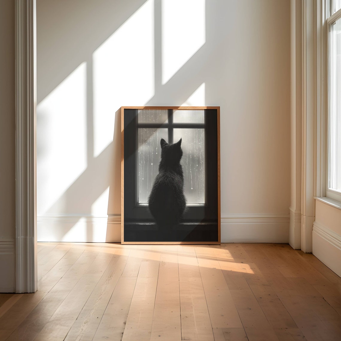 Black Cat Silhouette Watching Rain on a Window Monochrome Poster - Image 4