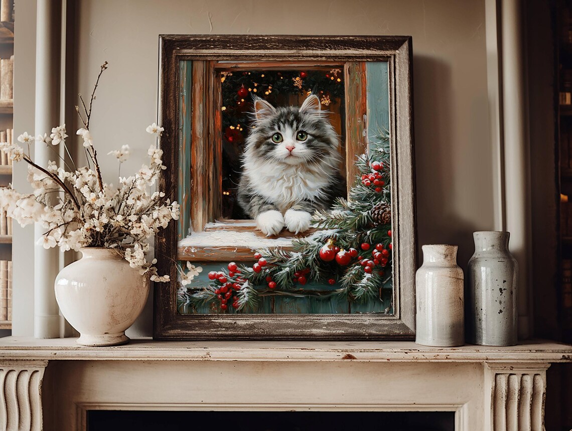 Tabby Cat Christmas Poster, Rustic Farmhouse Holiday - Image 3