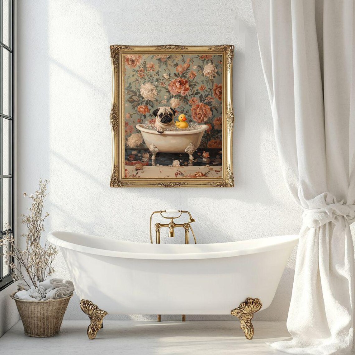 Pug In Bubble Bath With Rubber Duck Poster Print - Image 3