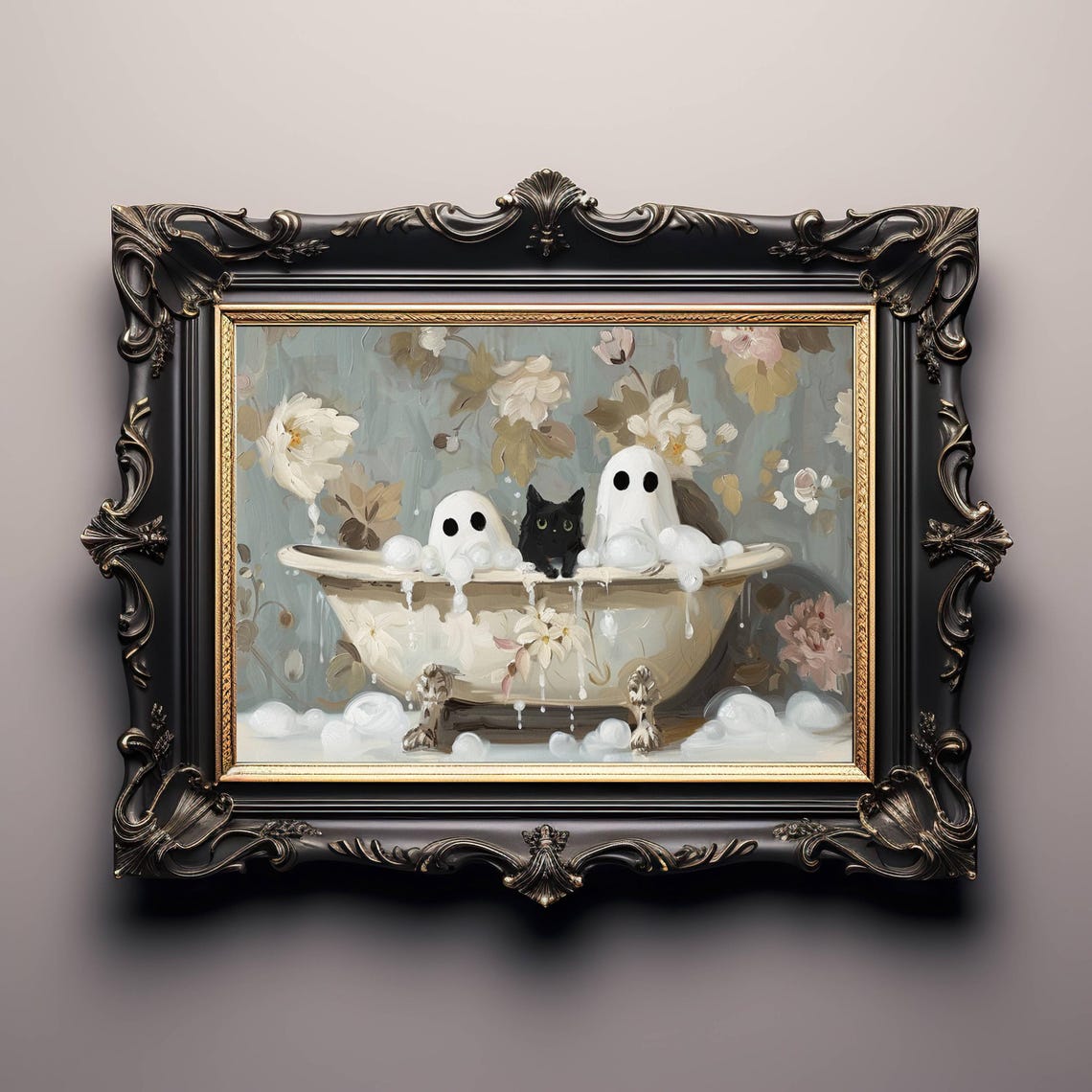 Ghosts And Black Cat In A Victorian Bubble Bath Halloween Poster