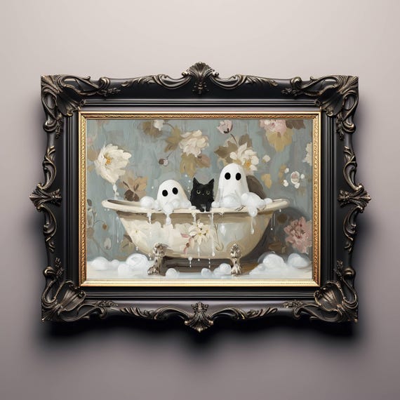 Ghosts And Black Cat In Victorian Bubble Bath Poster Spooky Cute Home Decor Whimsigoth Print Halloween Wall Art Unframed