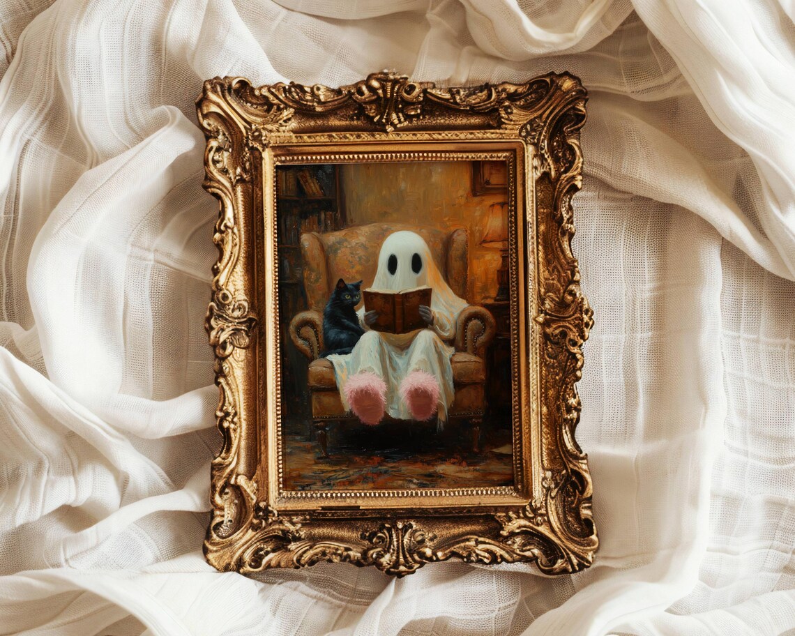 Ghost in Pink Slippers Reading With a Black Cat in an Armchair Poster - Image 2