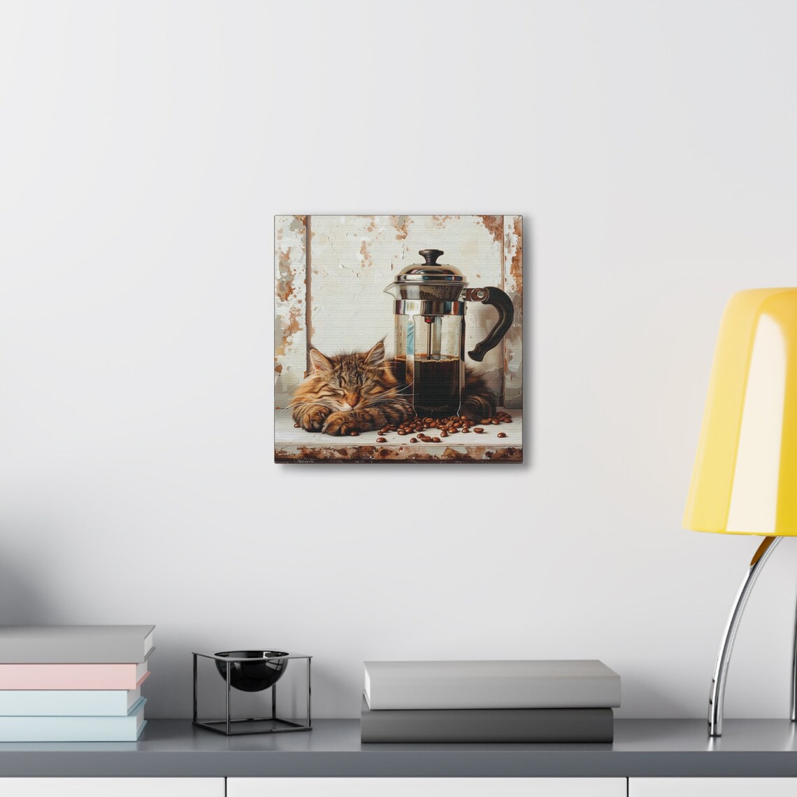 Fluffy Tabby Cat Napping by French Press Coffee Painting Poster - Image 6