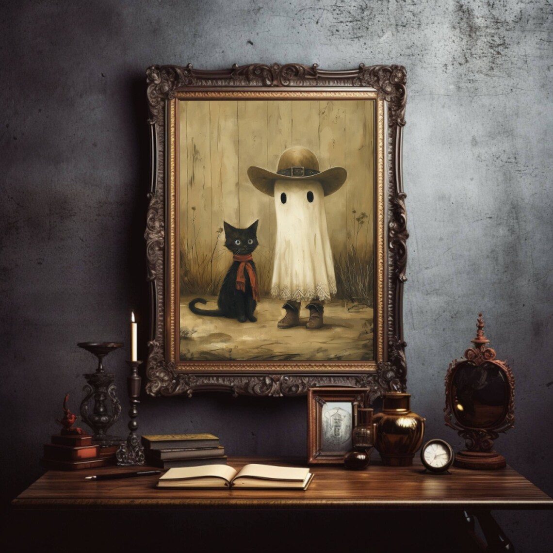 Cowboy Ghost And Black Cat Halloween Art Print - Image 5
