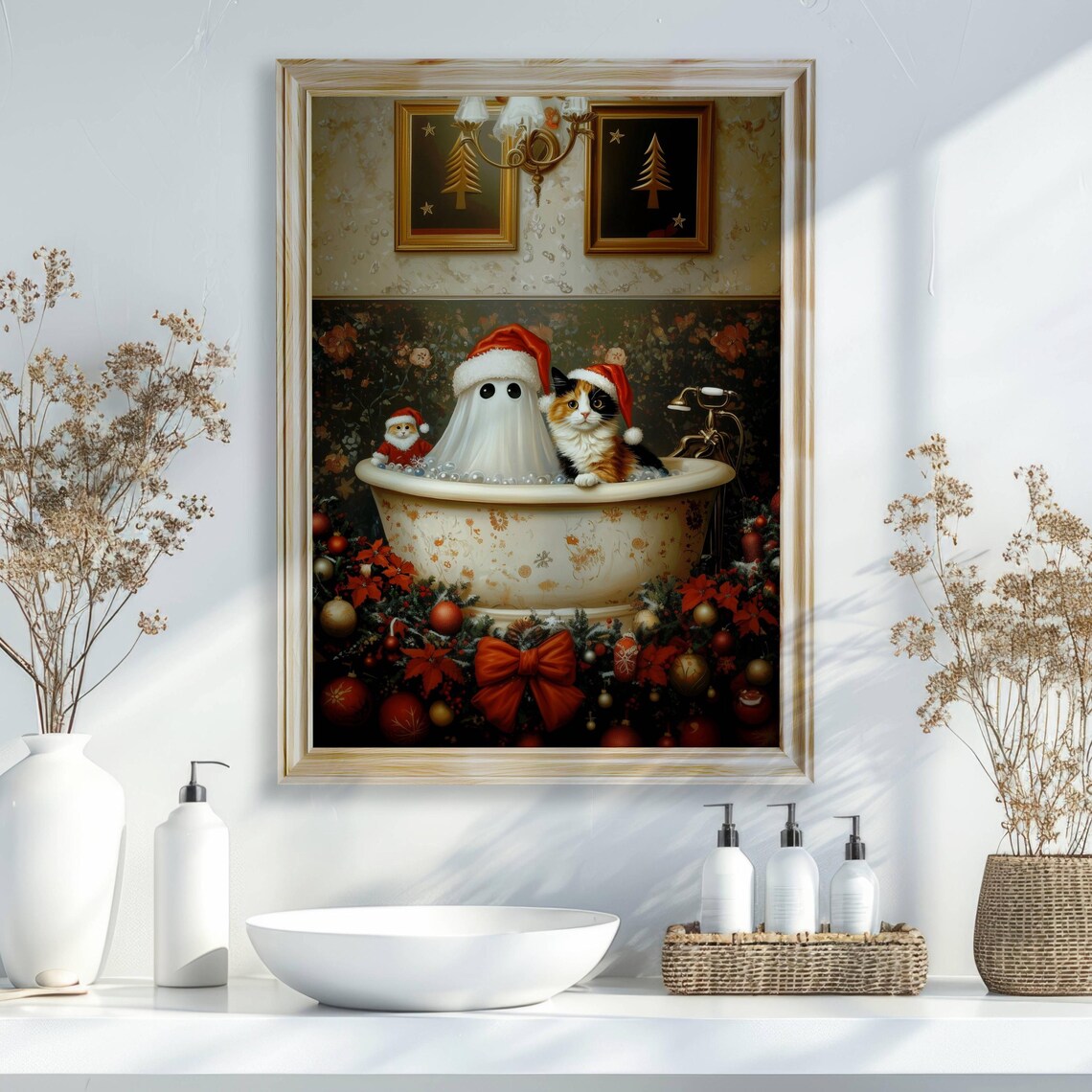 Ghost And Calico Cat Christmas Poster, Whimsical Decor - Image 3