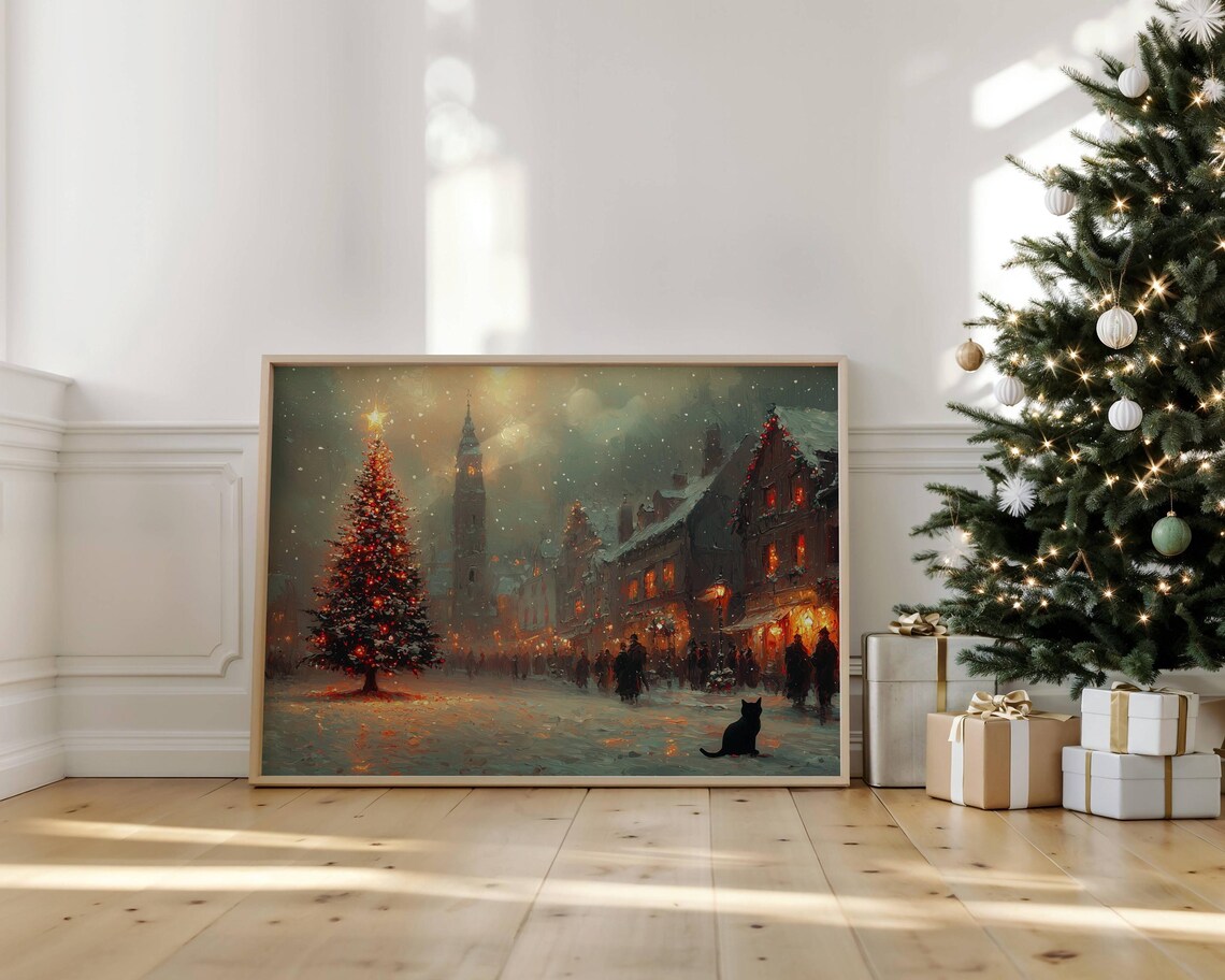 Christmas City Scene With Black Cat, Impressionist Art Print - Image 7