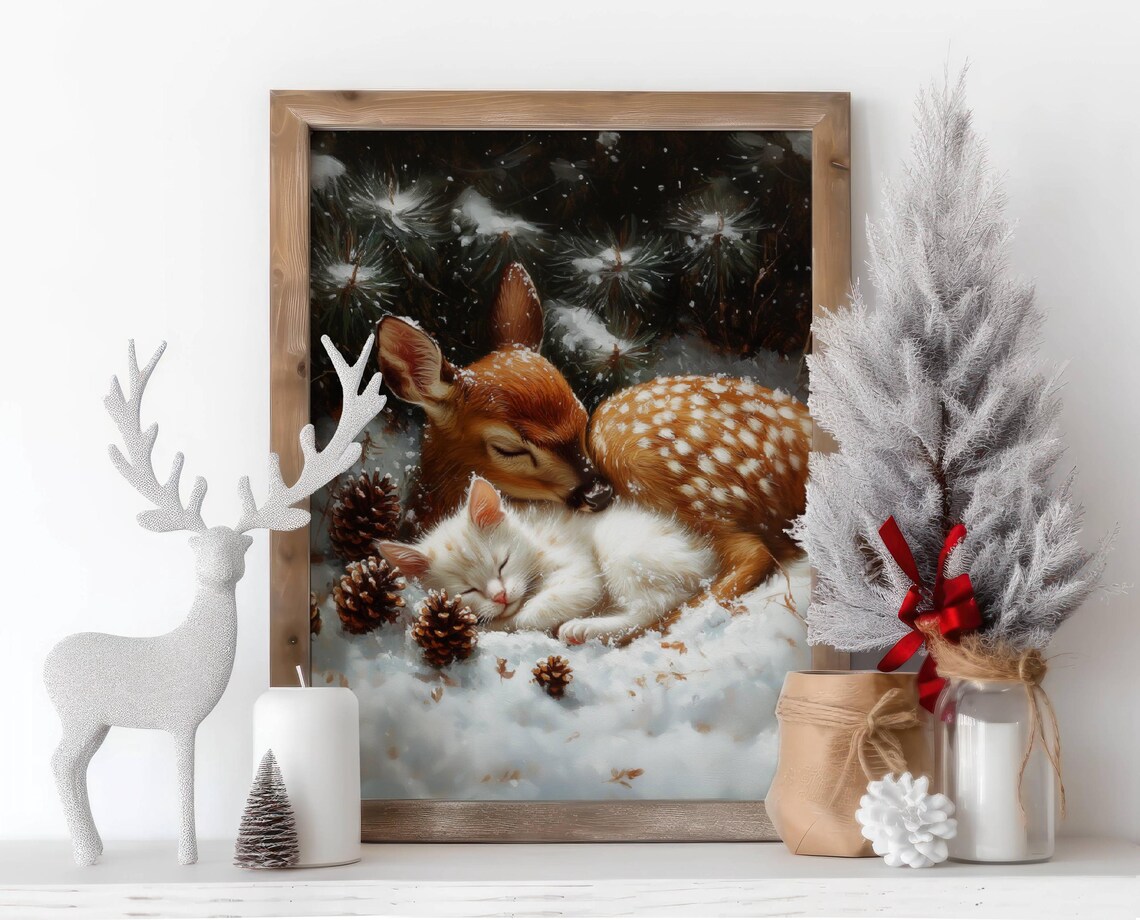 Fawn And White Cat Christmas Art Print, Holiday Decor - Image 6