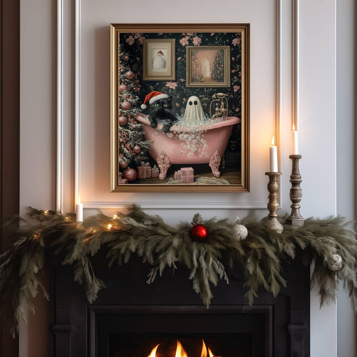 Ghost And Cat Pink Christmas Poster, Spooky Cute - Image 5