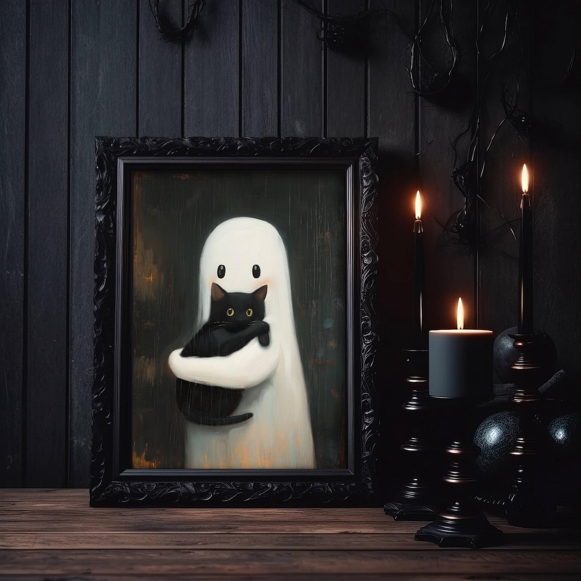 Adorable Little Ghost Hugging a Black Cat Whimsigoth Painting Style Poster - Image 5