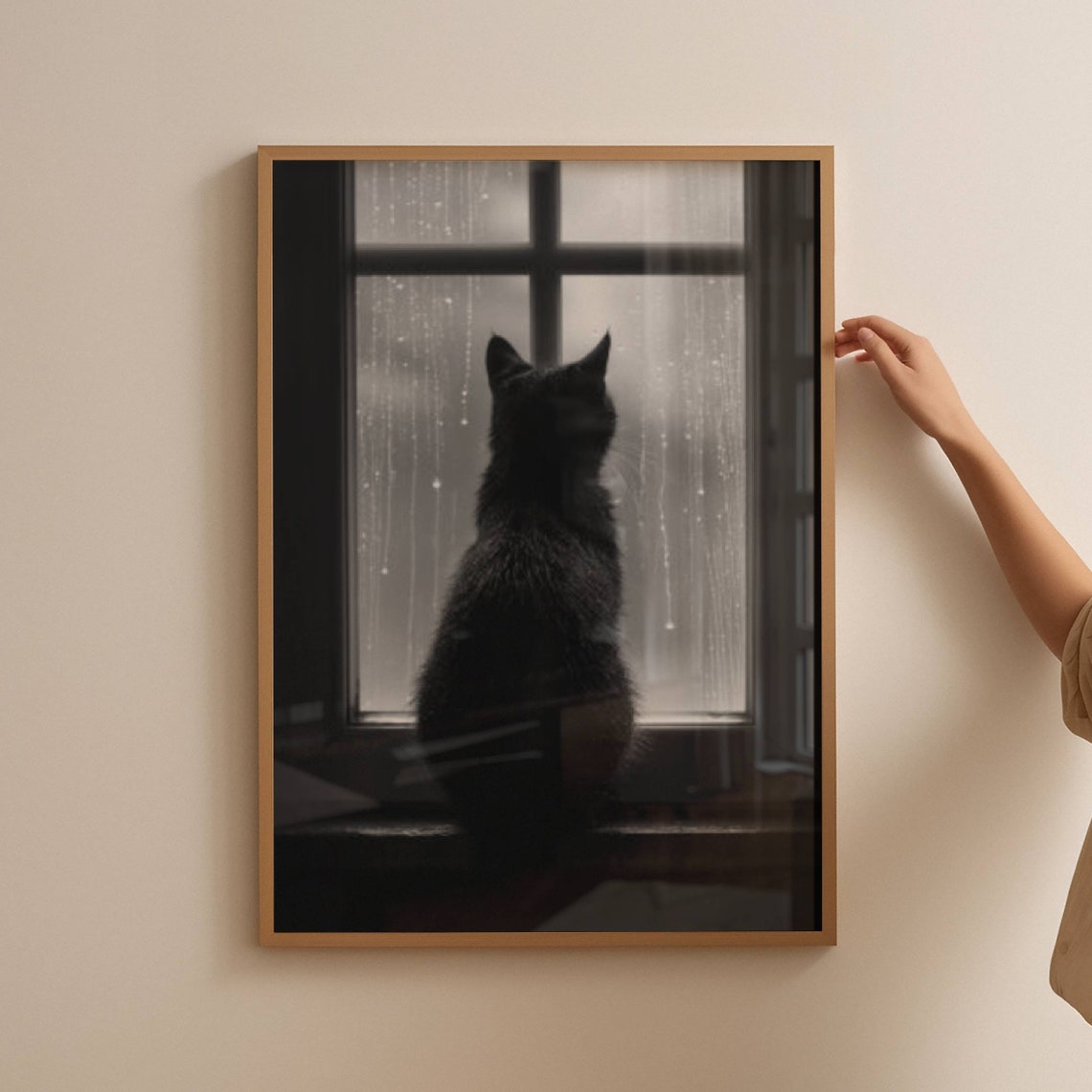 Black Cat Silhouette Watching Rain on a Window Monochrome Poster - Image 3