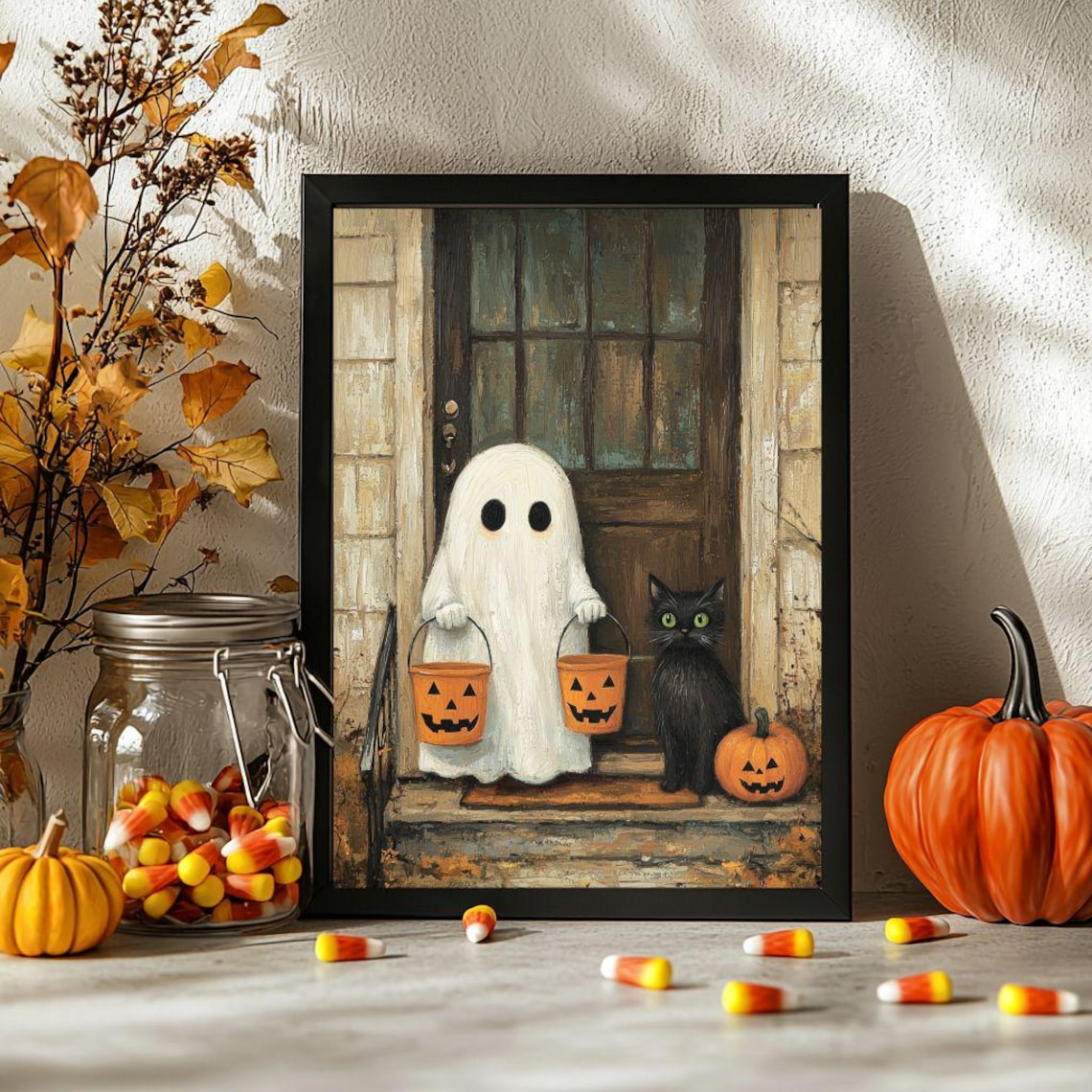 Black Cat Trick Or Treating Halloween Art Print