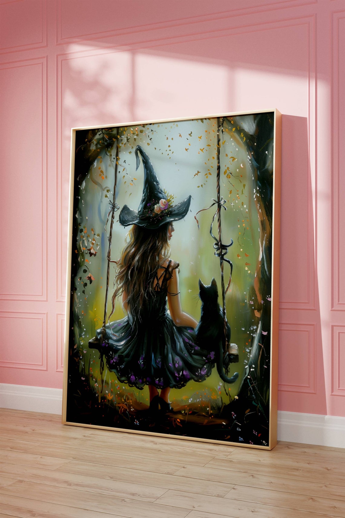 Witch On A Garden Swing With Black Cat Seen From Behind Poster - Image 2