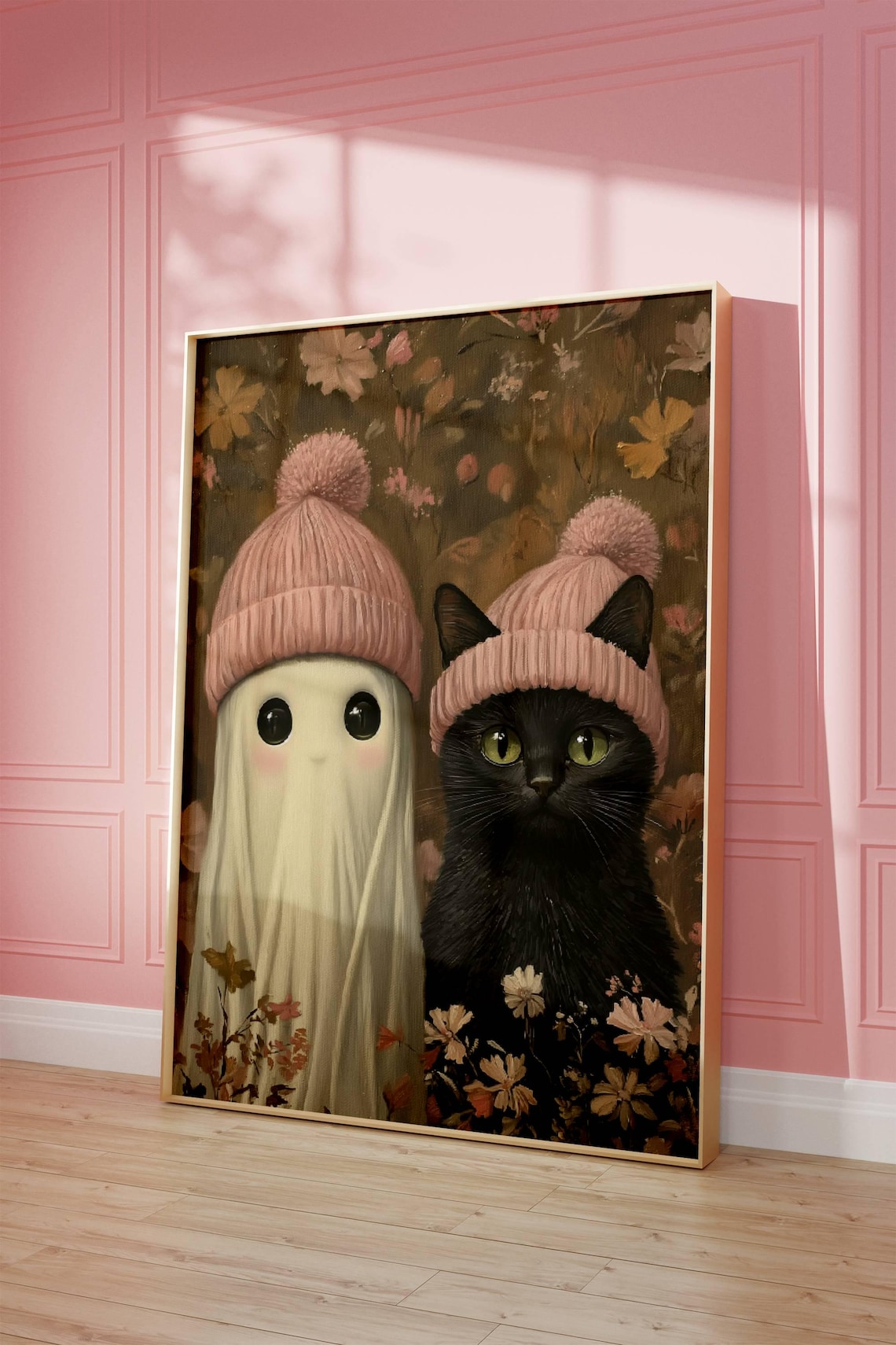 Ghost And Black Cat In Pink Winter Hats Cute Floral Art Poster - Image 6
